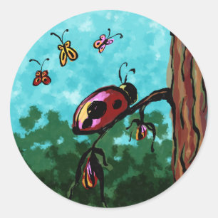 Pegatina Redonda Pegatinas, Pintura de Mariquita en una Rama