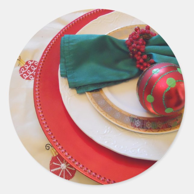 Pegatina Redonda Pegatinas redondos con los ornamentos rojos, (Anverso)