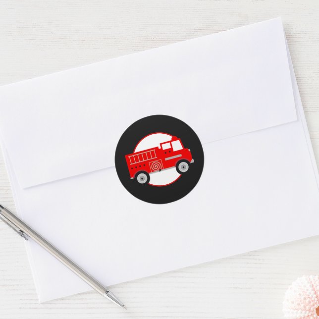 Pegatina Redonda Pegatinas redondos de Fiesta de camión de bomberos (Firetruck Party Round Stickers Fire Truck Favor Sticker Envelope Seals)
