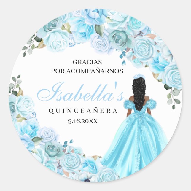 Pegatina Redonda Pegatinas redondos de Quinceanera floral azul ciel (Anverso)