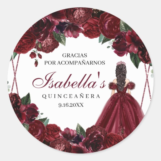 Pegatina Redonda Pegatinas redondos de Quinceanera floral de Borgoñ (Anverso)