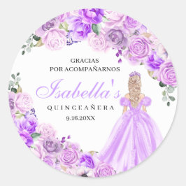 Pegatina Redonda Pegatinas redondos de Quinceanera floral púrpura L