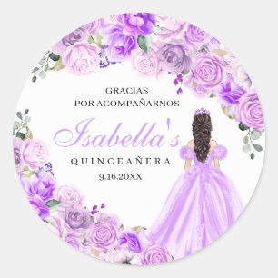 Pegatina Redonda Pegatinas redondos de Quinceanera floral púrpura L