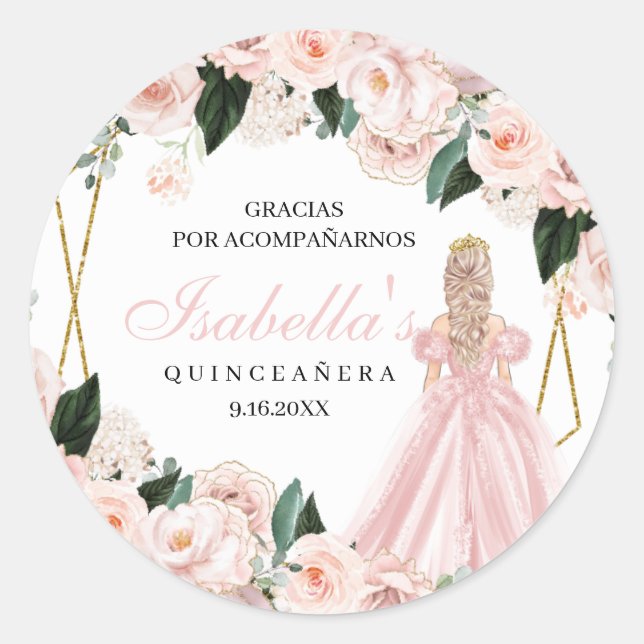 Pegatina Redonda Pegatinas redondos de Quinceanera floral rosa de R (Anverso)