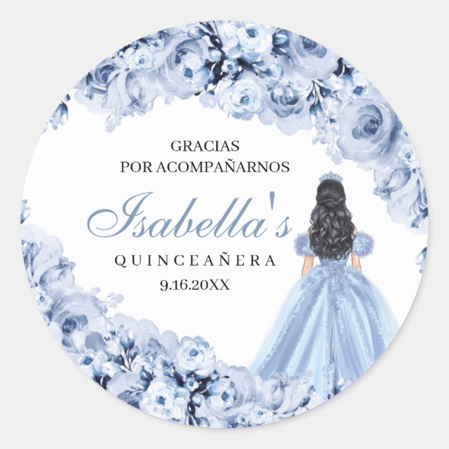 Pegatina Redonda Pegatinas redondos Dusty Blue Floral Quinceanera (Anverso)
