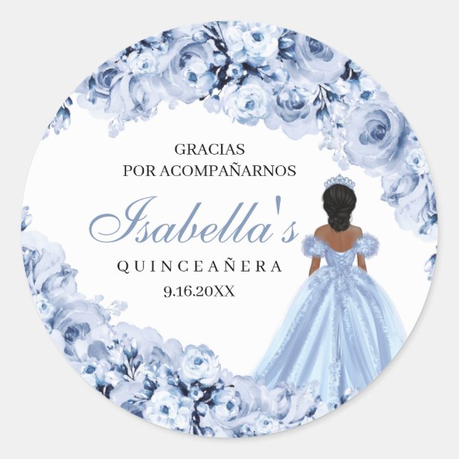 Pegatina Redonda Pegatinas redondos Dusty Blue Floral Quinceanera (Anverso)