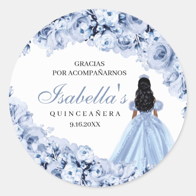 Pegatina Redonda Pegatinas redondos Dusty Blue Floral Quinceanera (Anverso)