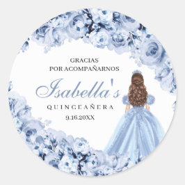 Pegatina Redonda Pegatinas redondos Dusty Blue Floral Quinceanera