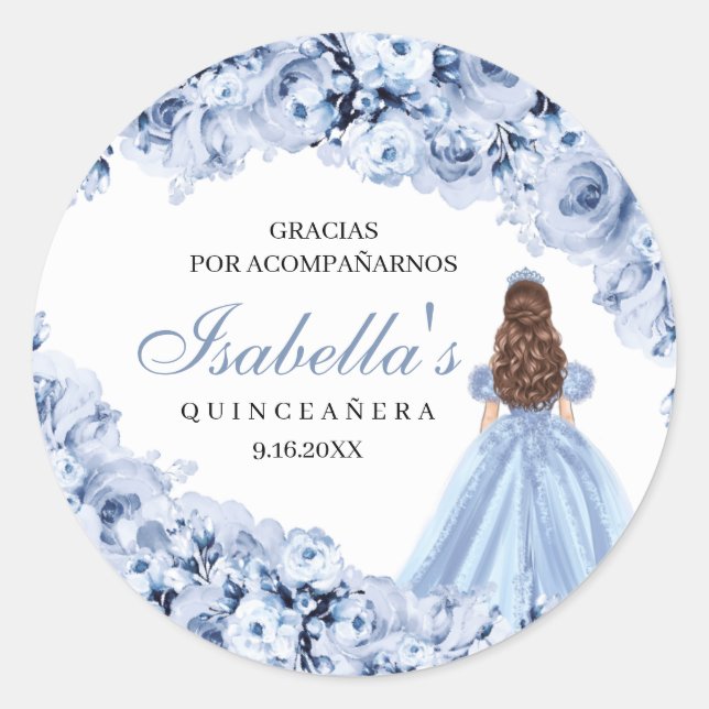 Pegatina Redonda Pegatinas redondos Dusty Blue Floral Quinceanera (Anverso)