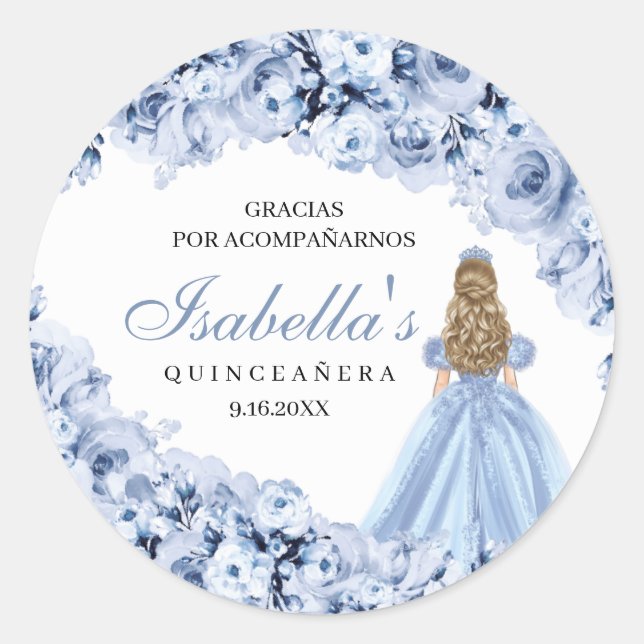 Pegatina Redonda Pegatinas redondos Dusty Blue Floral Quinceanera (Anverso)