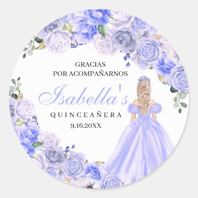 Pegatina Redonda Pegatinas redondos Periwinkle Blue Floral Quincean (Anverso)
