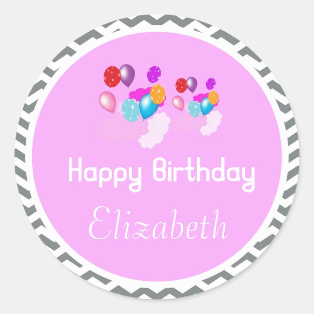 Pegatina Redonda pegatinas rosados de feliz cumpleaños con globo co (Anverso)