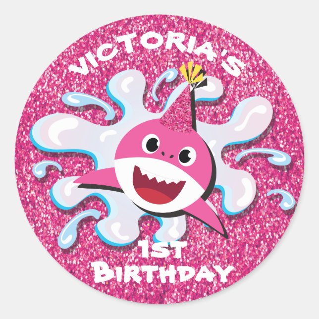 Pegatina Redonda Pegatinas rosados del purpurina del tiburón del (Anverso)