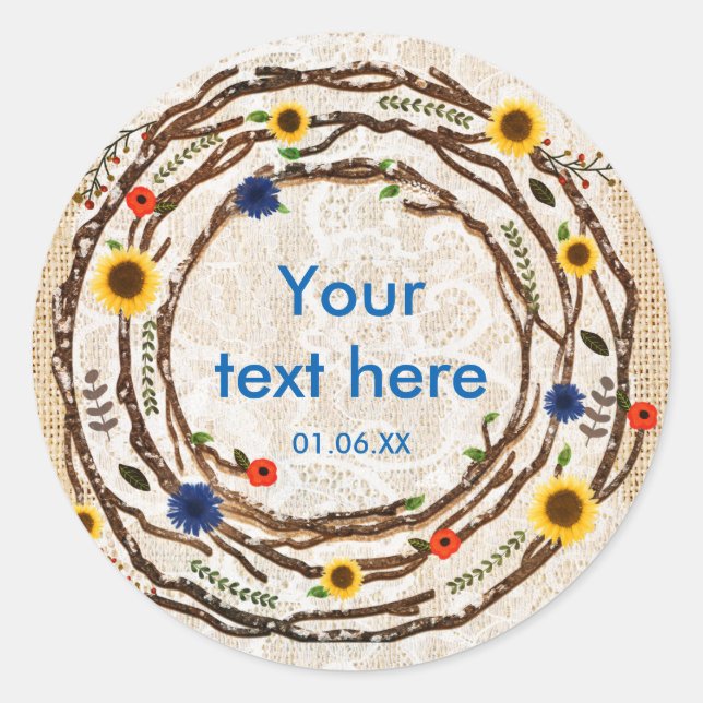 Pegatina Redonda Pegatinas Rústicos Burlap & Lace de las ramas flor (Anverso)