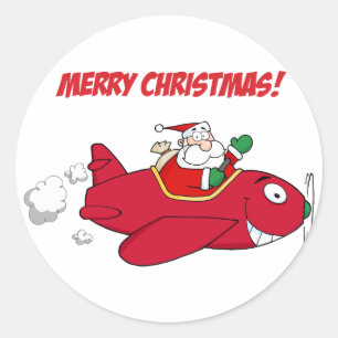 Pegatina Redonda Pegatinas—Santa en el avión