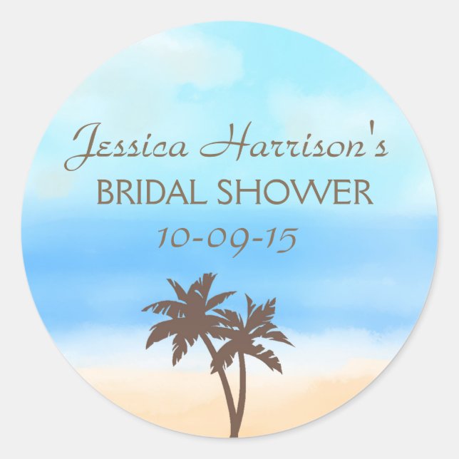Pegatina Redonda Pegatinas Tropical Beach Palm Tree Bridal Shower (Anverso)
