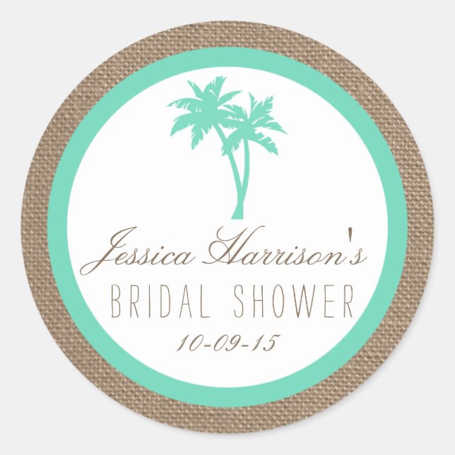 Pegatina Redonda Pegatinas Tropical Palm Tree Beach Bridal Shower (Anverso)