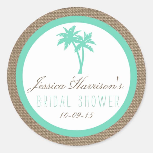 Pegatina Redonda Pegatinas Tropical Palm Tree Beach Bridal Shower (Anverso)