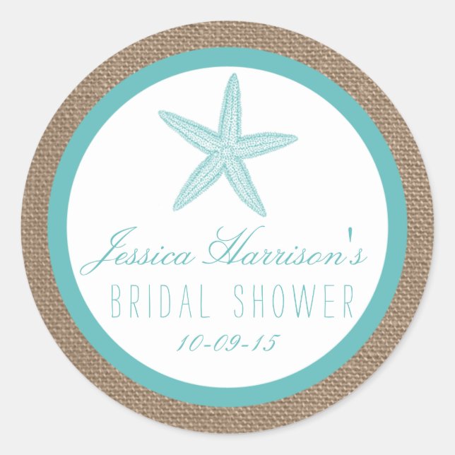 Pegatina Redonda Pegatinas Turquoise Starfish Beach Bridal Shower (Anverso)