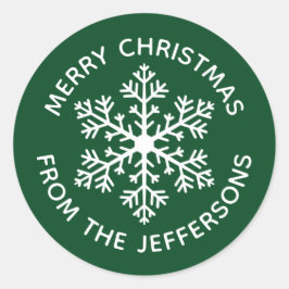 Pegatina Redonda Pegatinas verdes de Navidad con copos de nieve