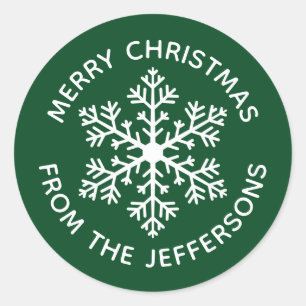 Pegatina Redonda Pegatinas verdes de Navidad con copos de nieve