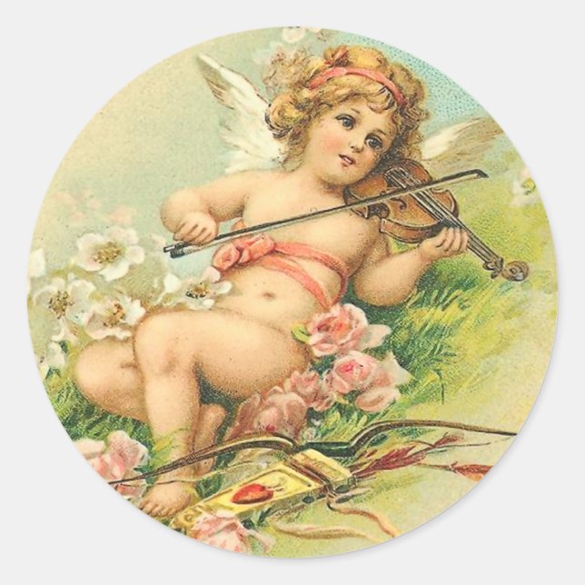 Pegatina Redonda Pegatinas Vintage de Cherub y Violin (Anverso)