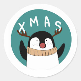 PEGATINA REDONDA PEGUINO NAVIDEÑO CAPRICHOSO