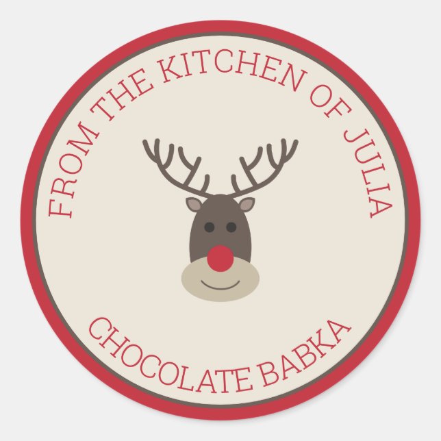 Pegatina Redonda Pekín Rojo Feliz Navidad Rudolph Holiday Baking (Anverso)