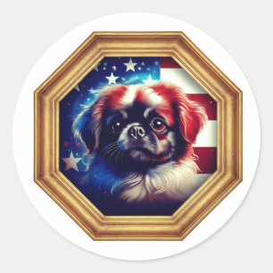 Pegatina Redonda Pekinés Bandera Americana Marco Dorado