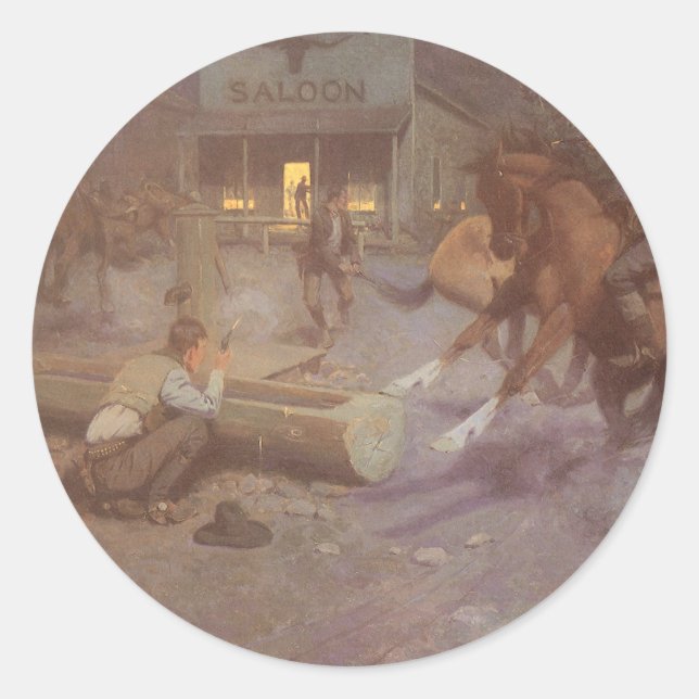 Pegatina Redonda Pelea en Roundup Saloon por Bill Gollings (Anverso)