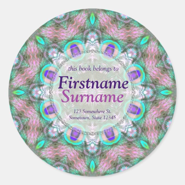 Pegatina Redonda Película de Peacock Feathers Geométrica Mandala (Anverso)