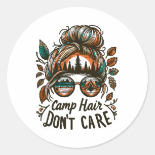 Pegatina Redonda Pelo de campamento no importa Moño desordenado Div
