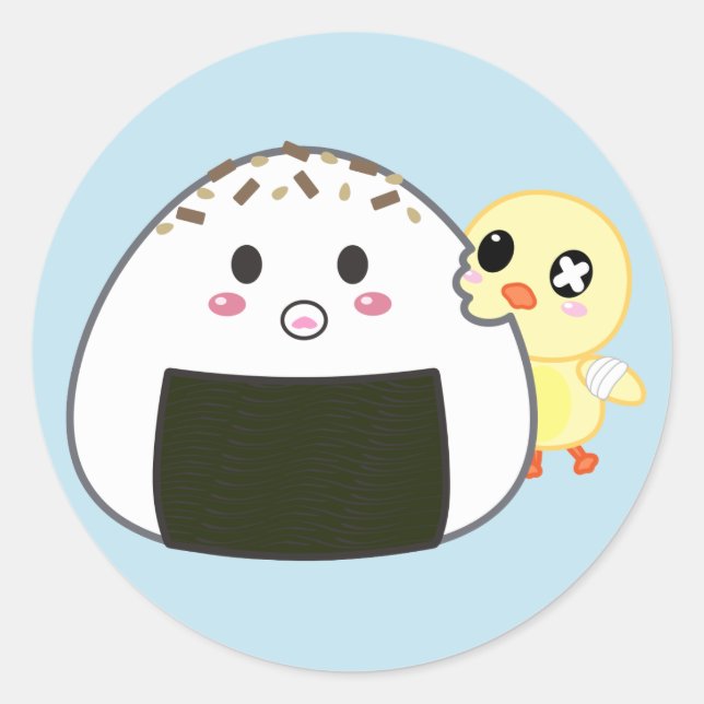 Pegatina Redonda Pelota de arroz "Onigiri" de Kawaii con Ejiki (Anverso)