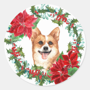 Pegatina Redonda Pembroke Corgi Poinsettia Holly Wreath