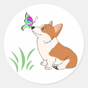 Pegatina Redonda Pembroke Welsh Corgi con mariposa