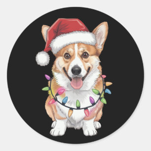 Pegatina Redonda Pembroke Welsh Corgi Santa Christmas Tree Lights