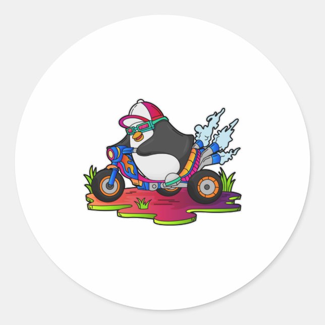 Pegatina Redonda Penguin as Biker with Motorcycle (Anverso)
