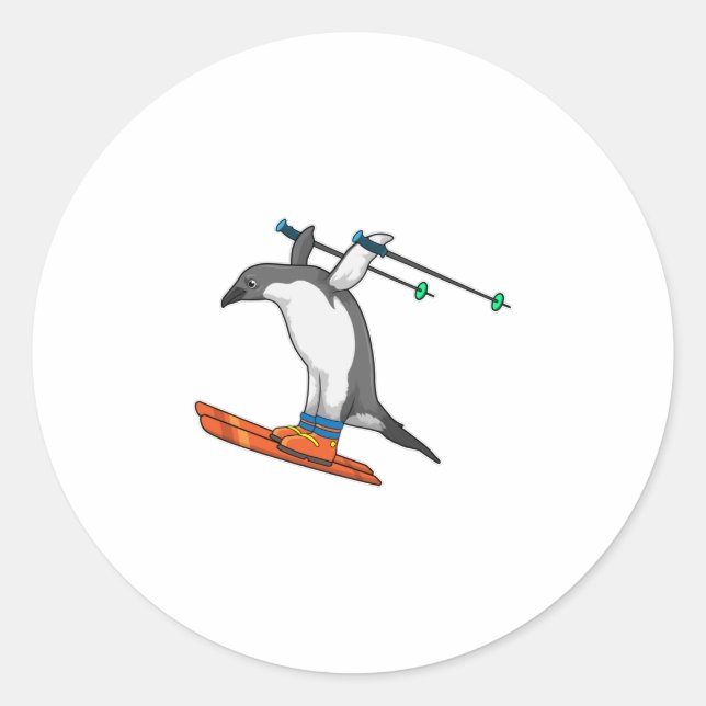 Pegatina Redonda Penguin as Ski jumper with Ski (Anverso)