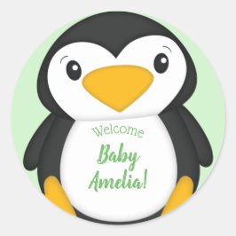 Pegatina Redonda Penguin Baby Shower Green