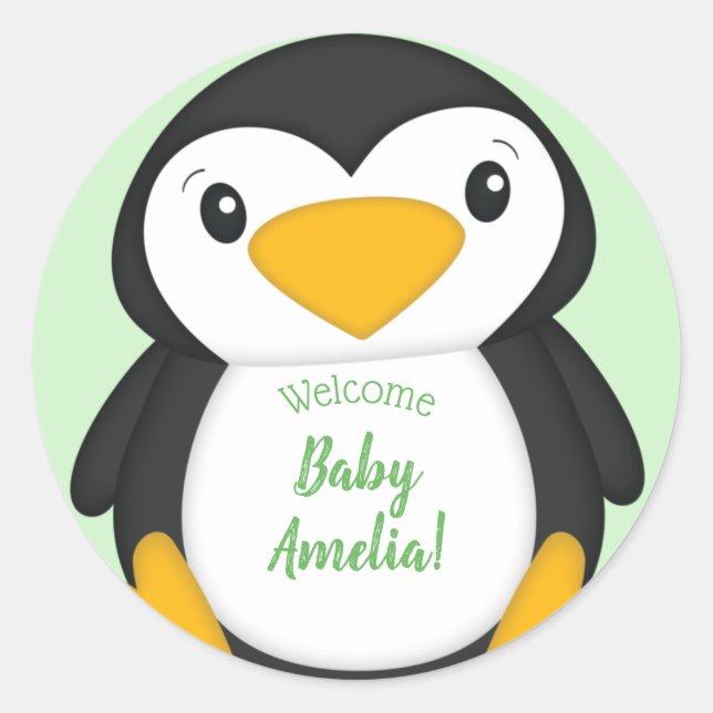 Pegatina Redonda Penguin Baby Shower Green (Anverso)