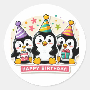 Pegatina Redonda Penguin Birthday Bash