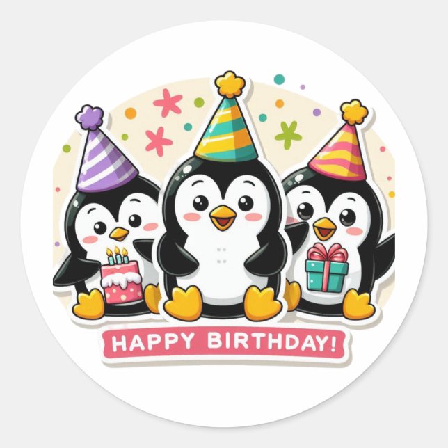 Pegatina Redonda Penguin Birthday Bash (Anverso)