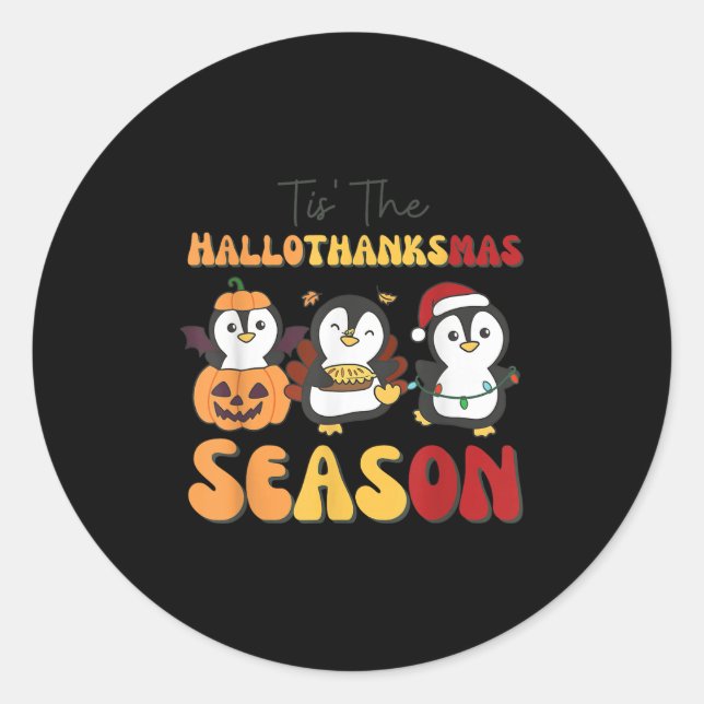 Pegatina Redonda Penguin Christmas Halloween Tis' The Hallothanksma (Anverso)