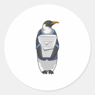 Pegatina Redonda Penguin como secretario con pila de papel