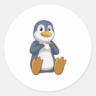 Pegatina Redonda Penguin con Copa de Café