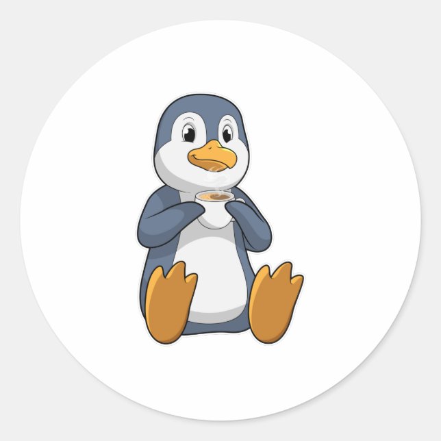 Pegatina Redonda Penguin con Copa de Café (Anverso)