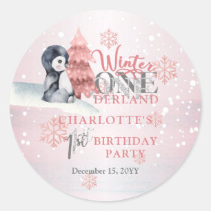 Pegatina Redonda Penguín de Bebé Cute Invierno Onederland Primer 