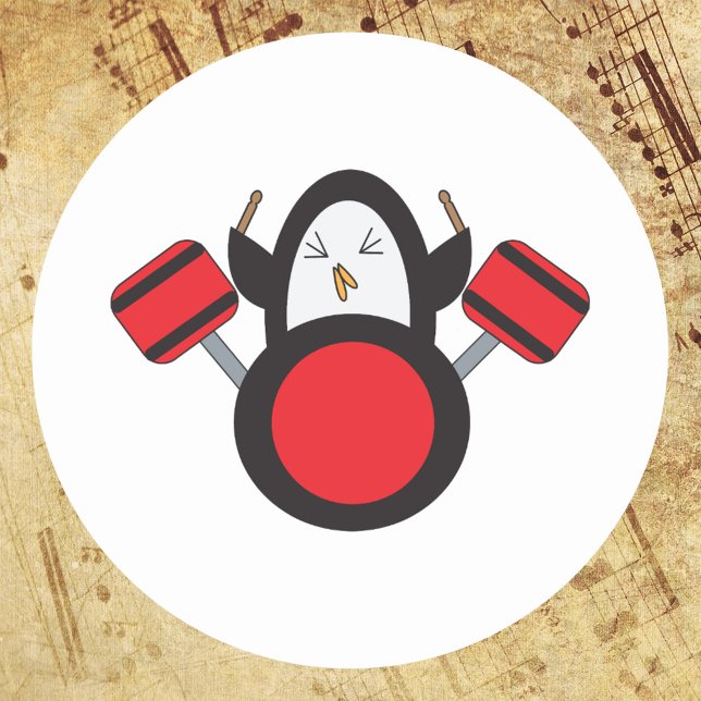 Pegatina Redonda Penguin Drummer Cute (A sticker featuring a cute penguin playing the drums.)
