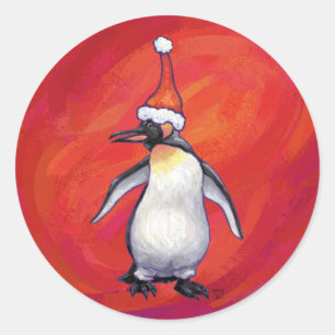 Pegatina Redonda Penguin en Santa Hat en Red