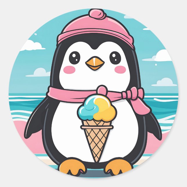 Pegatina Redonda Penguin Fun Kawaii (Anverso)